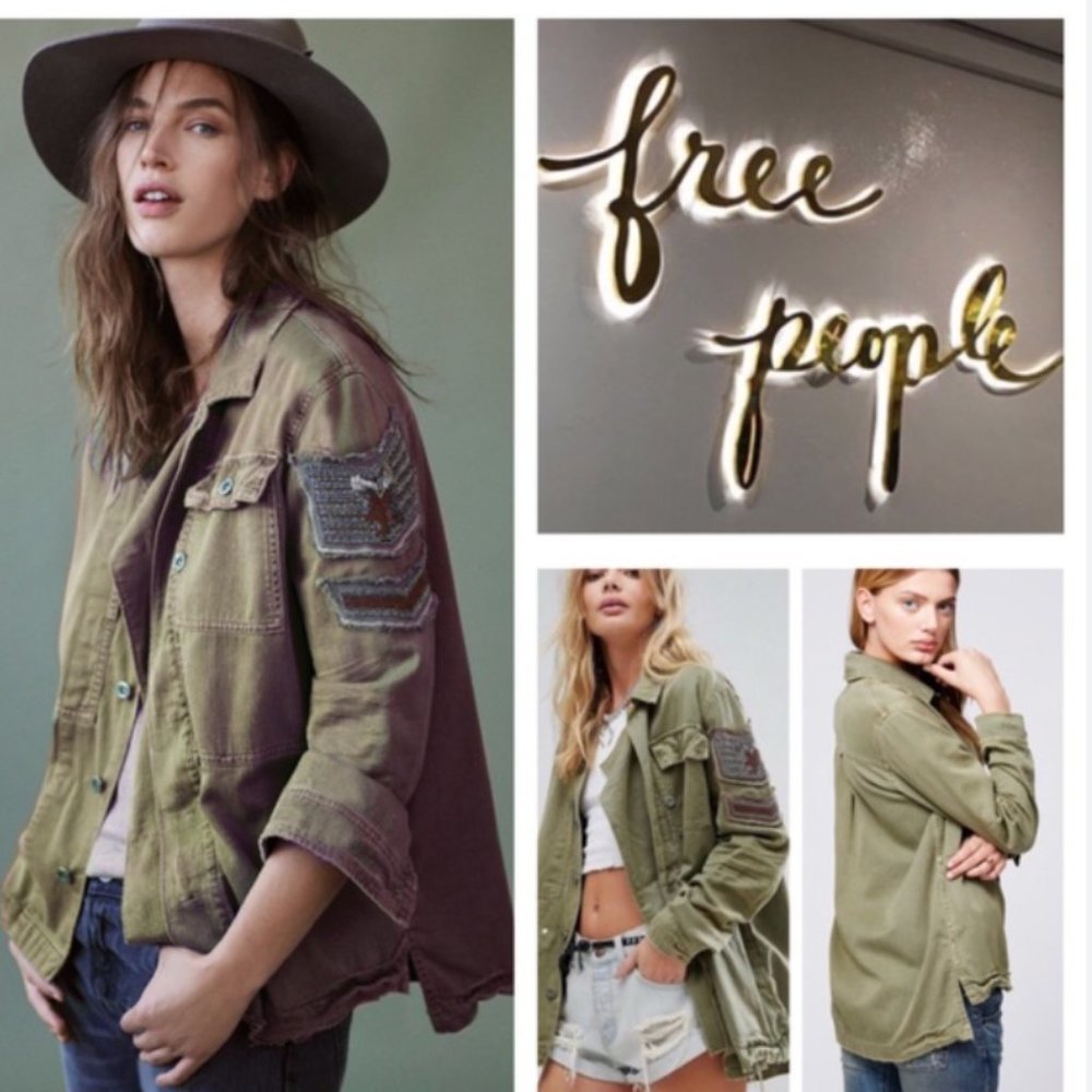 Free People women's S green military inspired jacket w/ eagle beaded motif EUC